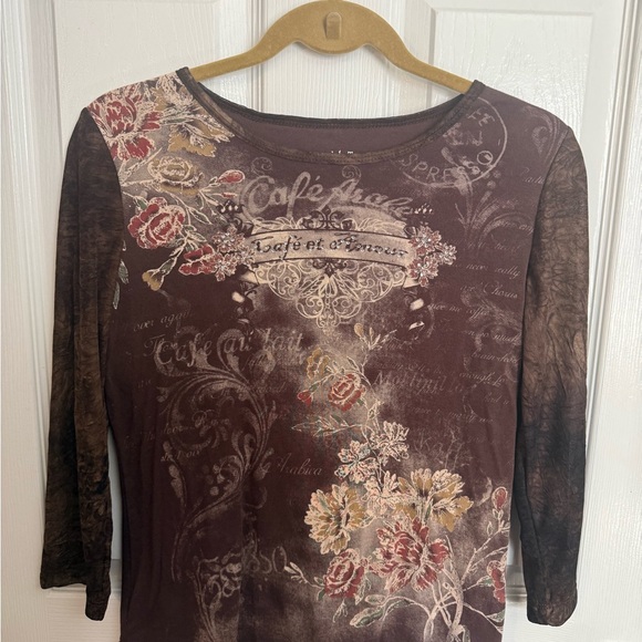 unknown Tops - Vintage Cafe Graphic Top Brown Black Coffee Shirt 3/4 Sleeve Indie Y2K Tee Large